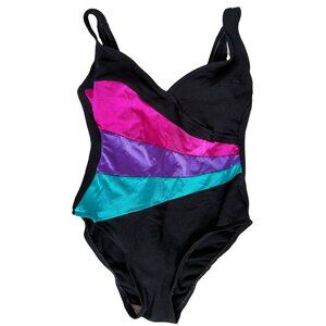 Vintage JC Penney Size 10 Black & Colorful One-Piece Swimsuit